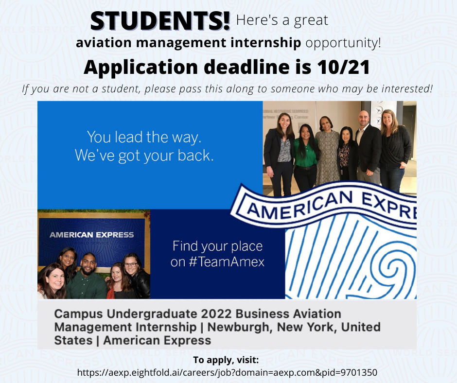 Aviation Management Internship Opportunity. Application Deadline 10/21